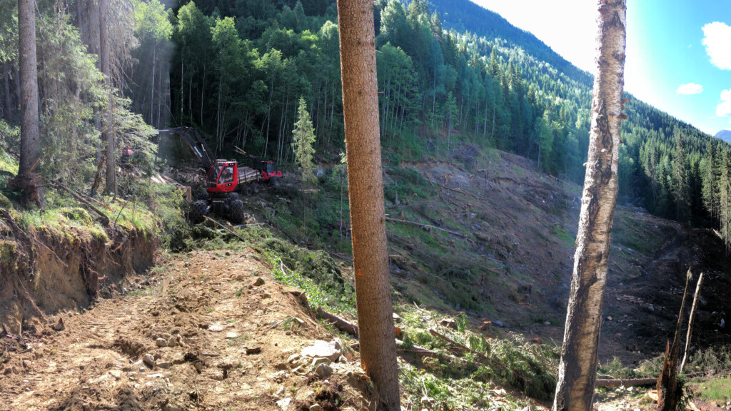 Smål vei som er planert ut i en bratt skråning. Det står en hogstmaskin og en lassbærer på veien. Foto.